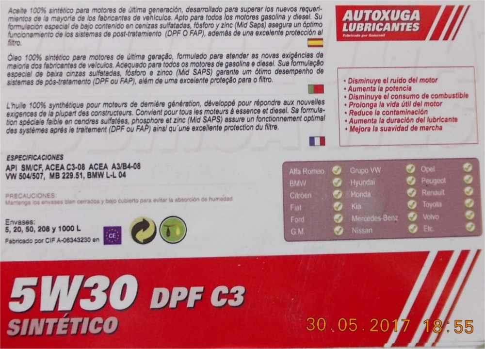 Especificaciones para aceites lubricantes Autoxuga
