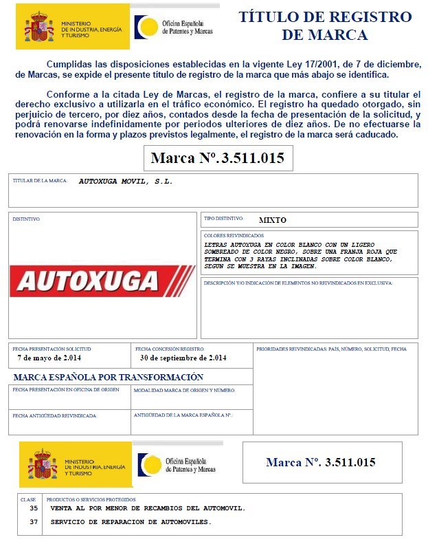 Titulo Marca Autoxuga concedida por la Oficina Espaola de Patentes y Marcas