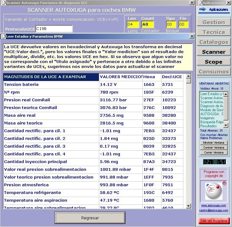 Valores en hexadecimal que devuelve la UCE con el escaner Autoxuga