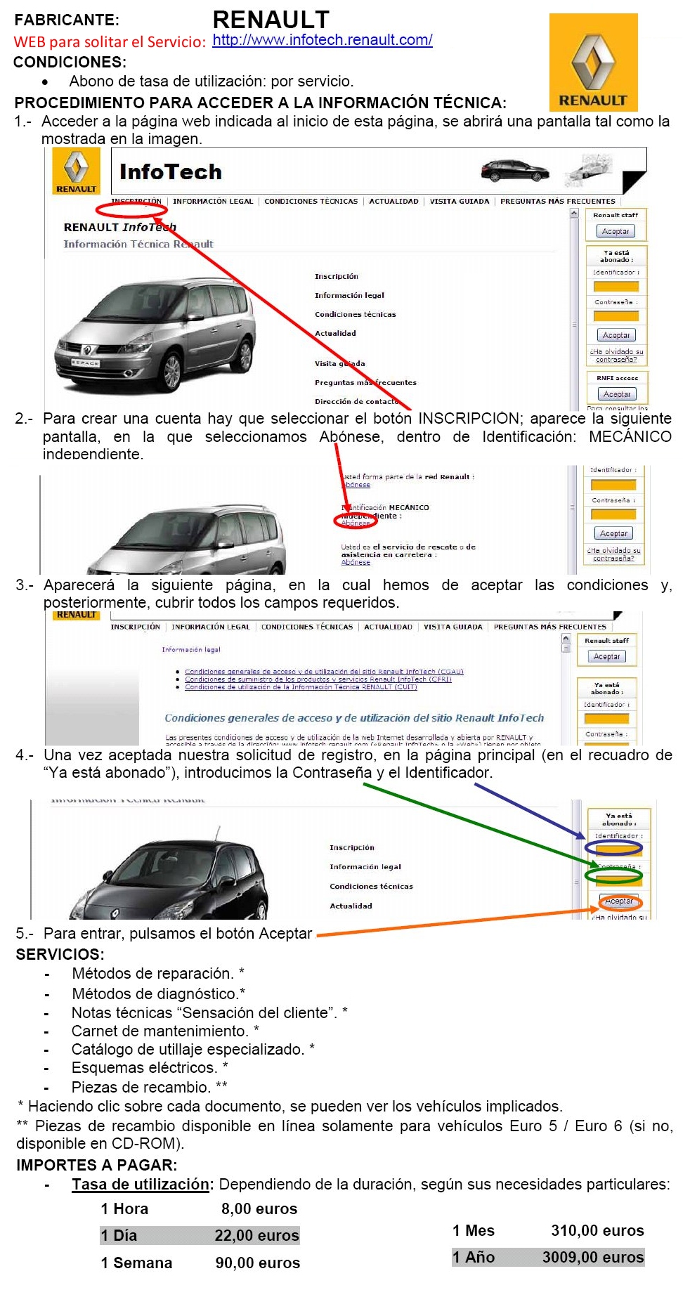 Informacion tecnica de Renault para solicitar servicios