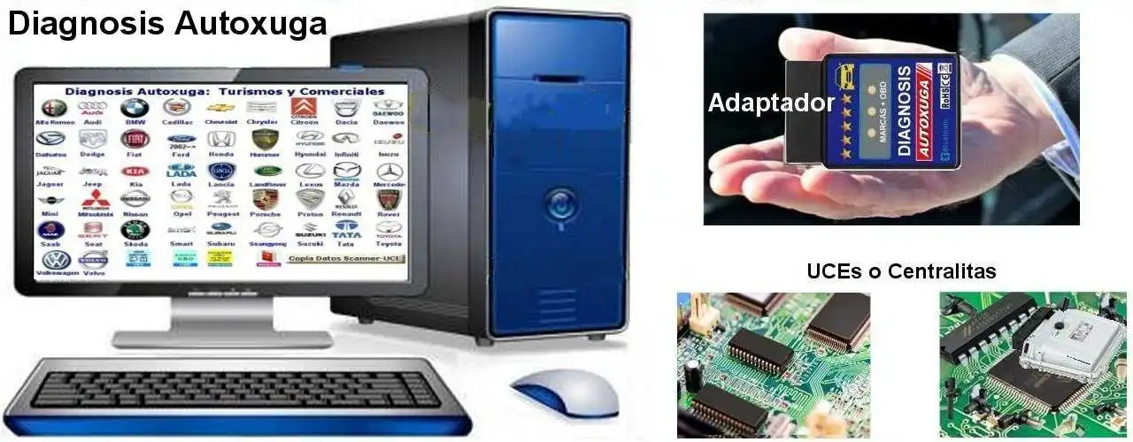 Pantalla ordenador con unas 50 marcas coches y adaptador electrónico diagnosis Autoxuga