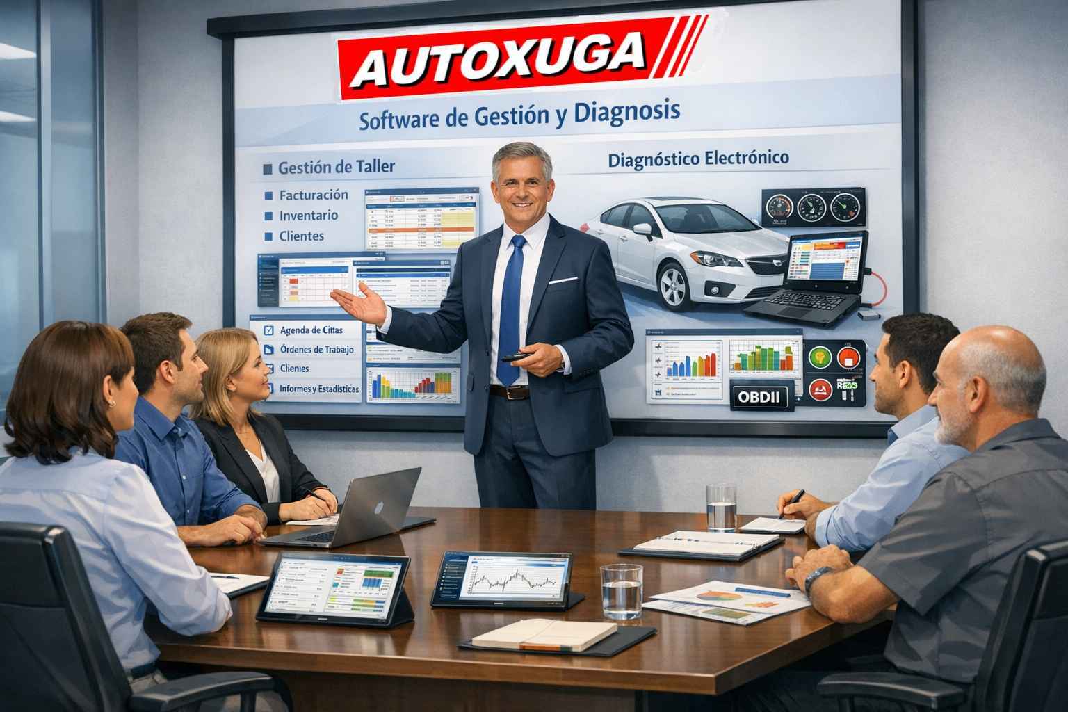 Técnico de Autoxuga explicando software gestión y diagnosis integrado en la misma plataforma 