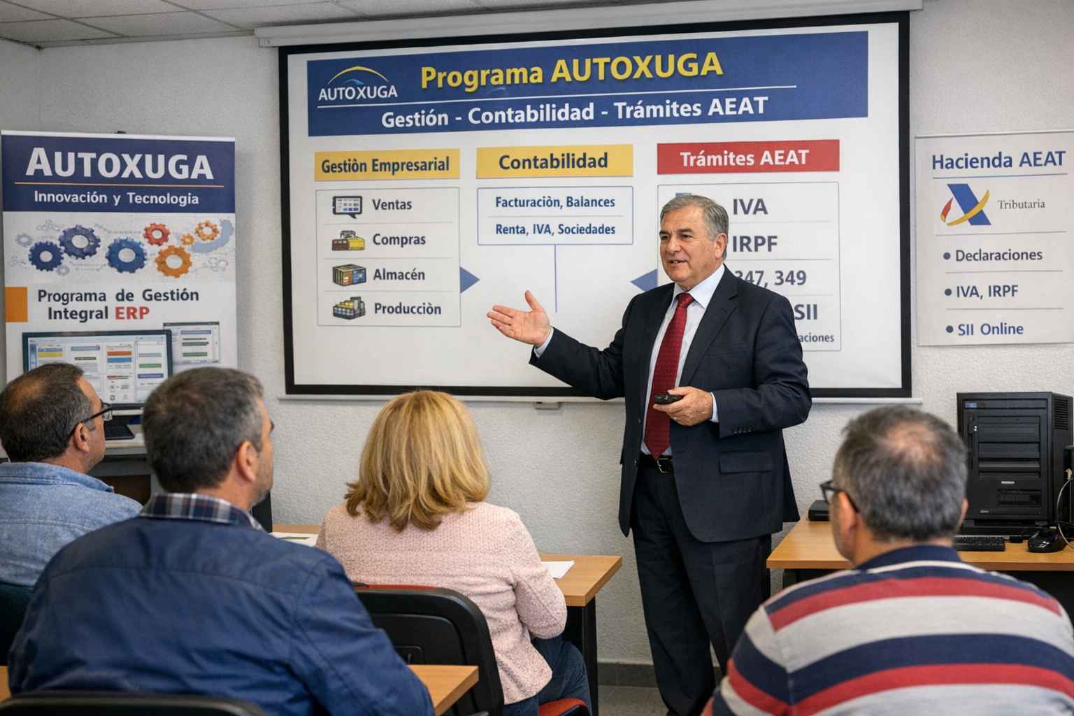 Pantalla del programa Autoxuga explicando gestión, contabilidad y tramites modelos AEAT