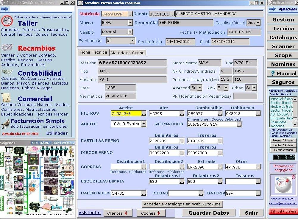 Programa informatico Autoxuga solicitando datos de productos mantenimiento coches