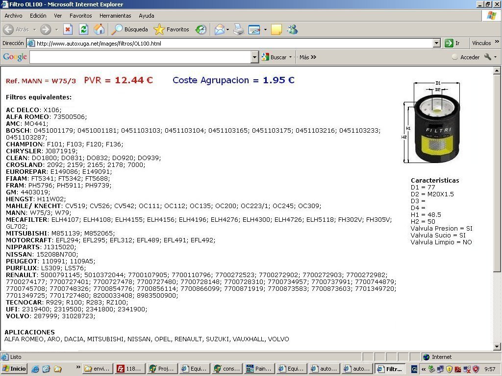 Precio venta recomendado de un filtro y coste de fabrica a una red de talleres