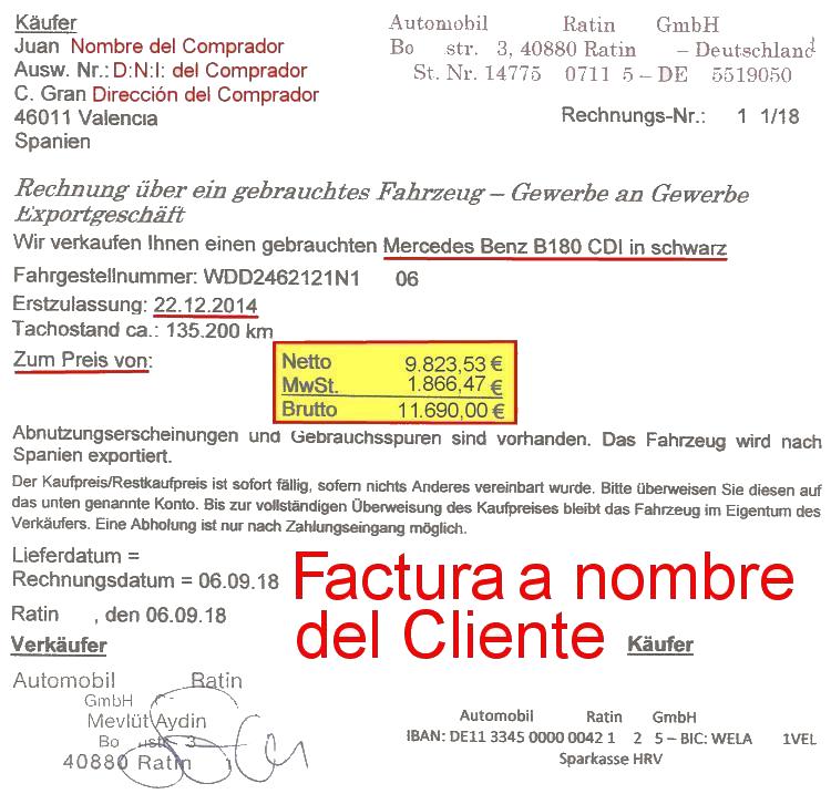 Factura a nombre del cliente comprador del coche