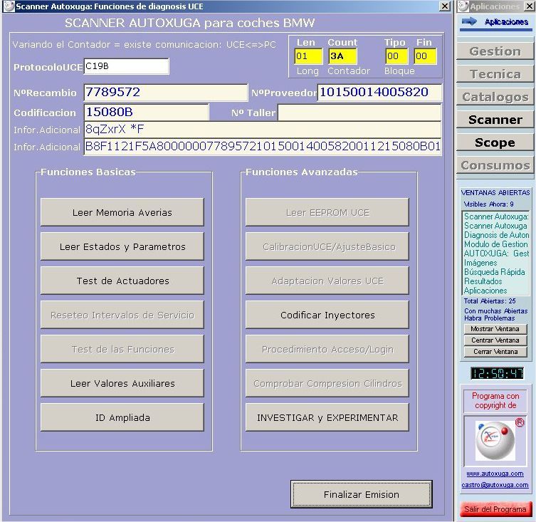 Protocolo UCE de un BMW con numero recambio y su codificacion