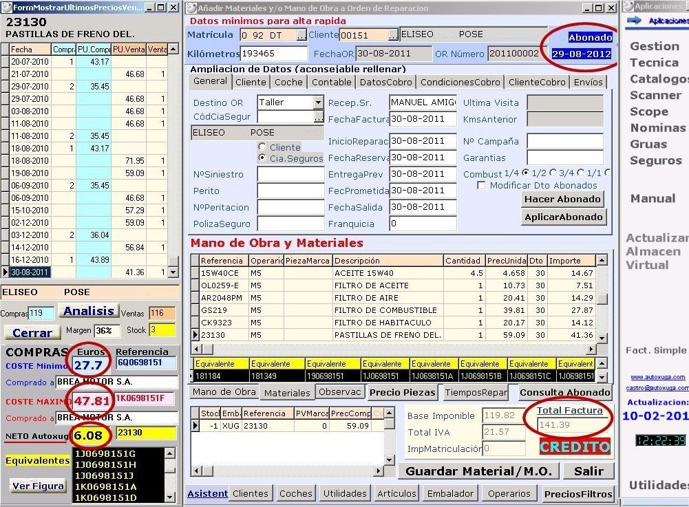 Orden de trabajo cliente abonado mostrando precios de piezas