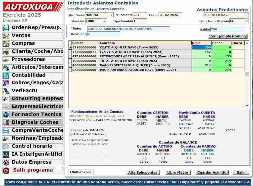 Pantalla programa con asientos contables predefinidos