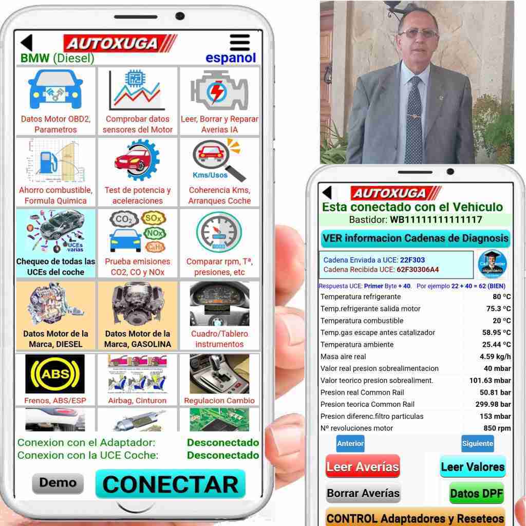 Pantallas de telefono con datos software diagnosis y copropietario de Autoxuga