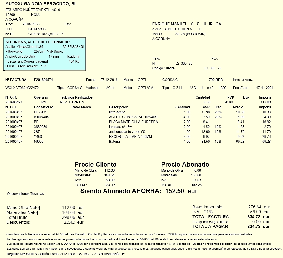 Factura cliente mostrando precio normal y precio abonado