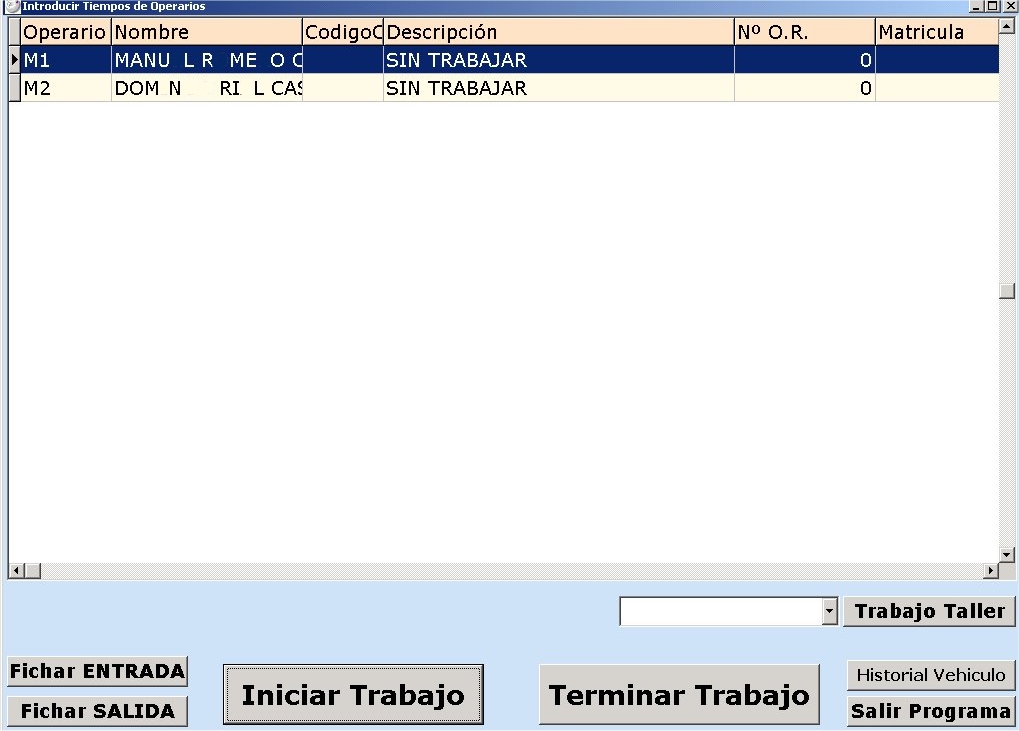 Control de tiempos de los operarios por su nombre