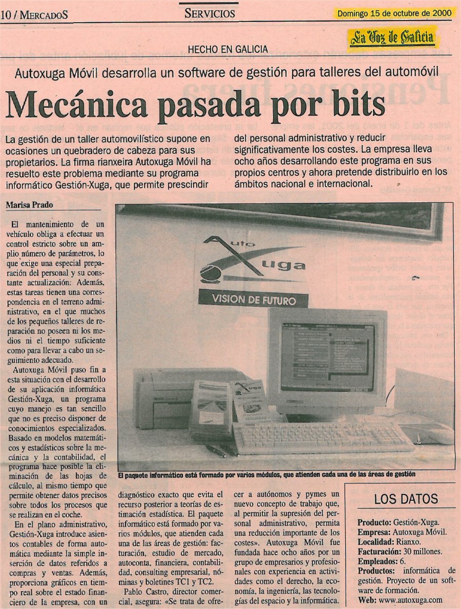 Publicacion de La Voz de Galicia del software gestion de Autoxuga