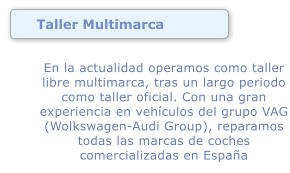 Taller Multimarca En la actualidad operamos como taller libre multimarca, tras un largo periodo como taller oficial. Con una gran experiencia en vehculos del grupo VAG (Wolkswagen-Audi Group), reparamos todas las marcas de coches comercializadas en Espaa